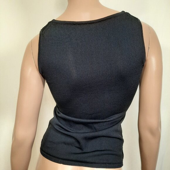 Vintage 90s Y2K Knit Tank Top Crochet Flowers Size S Black White Grey Layered - Picture 6 of 6